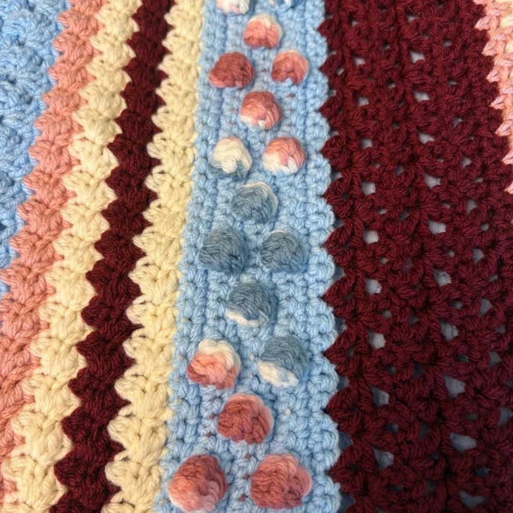 Handmade Crochet Sampler Afghan Throw Blanket Blue Pink Cream Ruffle Trim 47x47